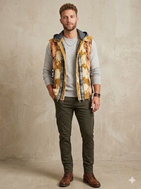 BKE Men's Hooded Plaid Sherpa-Lined Vest in Mustard and Gray
